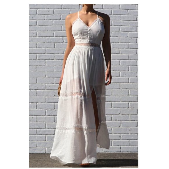 White Boho Chic Lace Trim Bohemian Maxi Dress - Picture 3 of 8